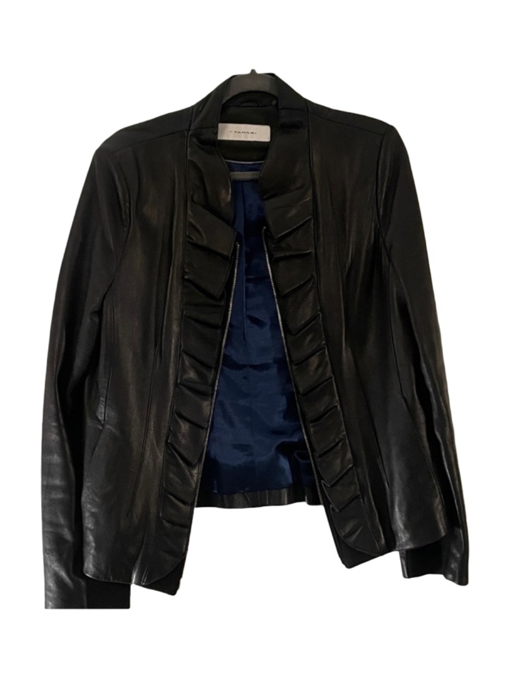 T Tahari Black Leather Jacket with Ruffle Detail